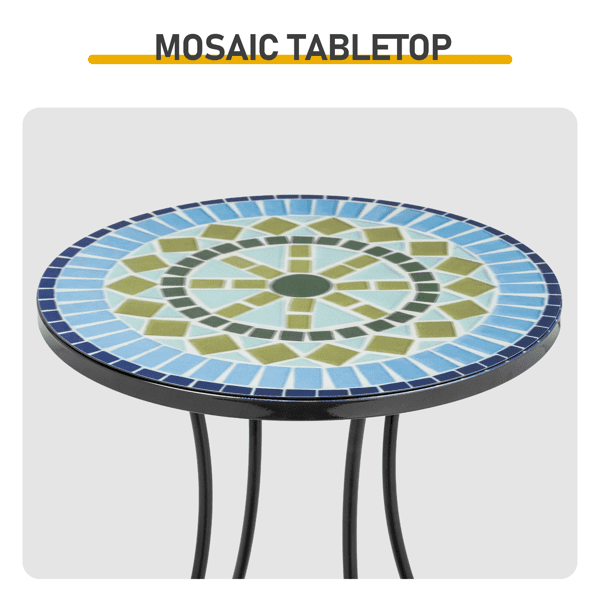 14 inch Side Table, Round Iron Top with Butterfly Legs, Indoor Outdoor Accent End Table, Mediterranean Blue-Green Mosaic