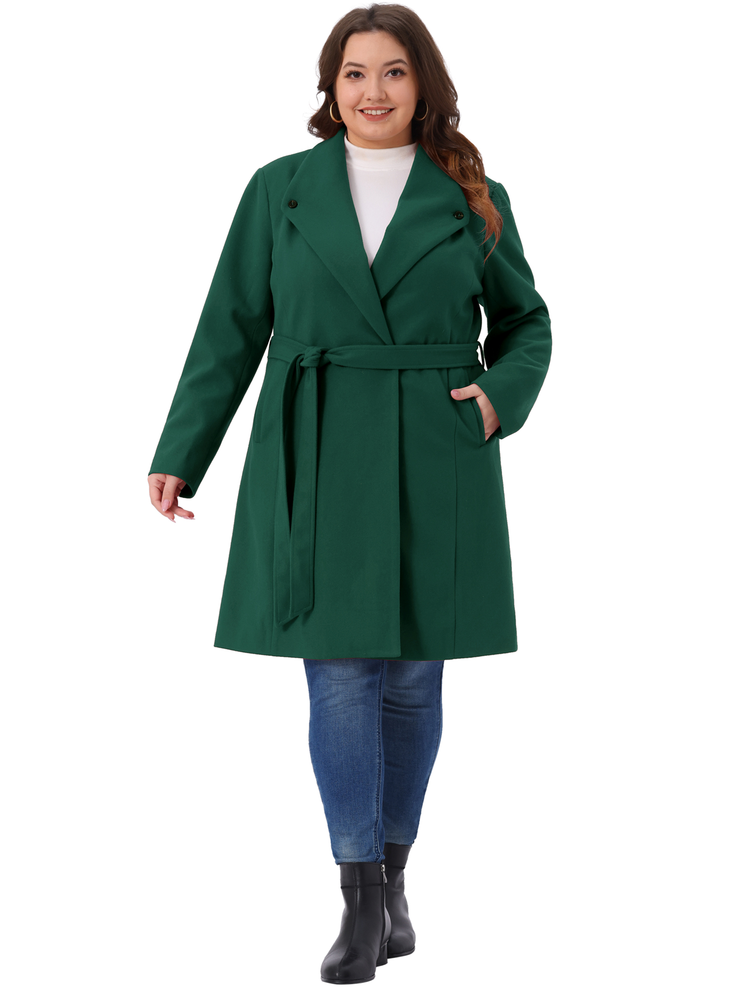DARING DIVA Women's Plus Size Notched Lapel Coat with Belted Design 1X Dark Green