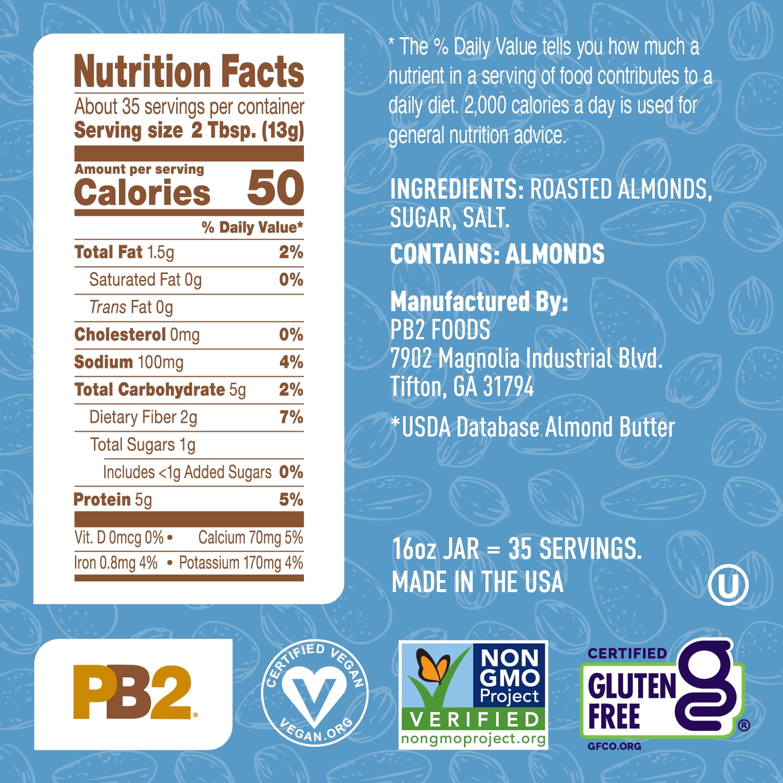 PB2 Powdered Roasted Almond Butter, 16oz Low-Fat Vegan Almond Powder, Low Carb Nut Butter, Non-GMO, Gluten Free, Kosher