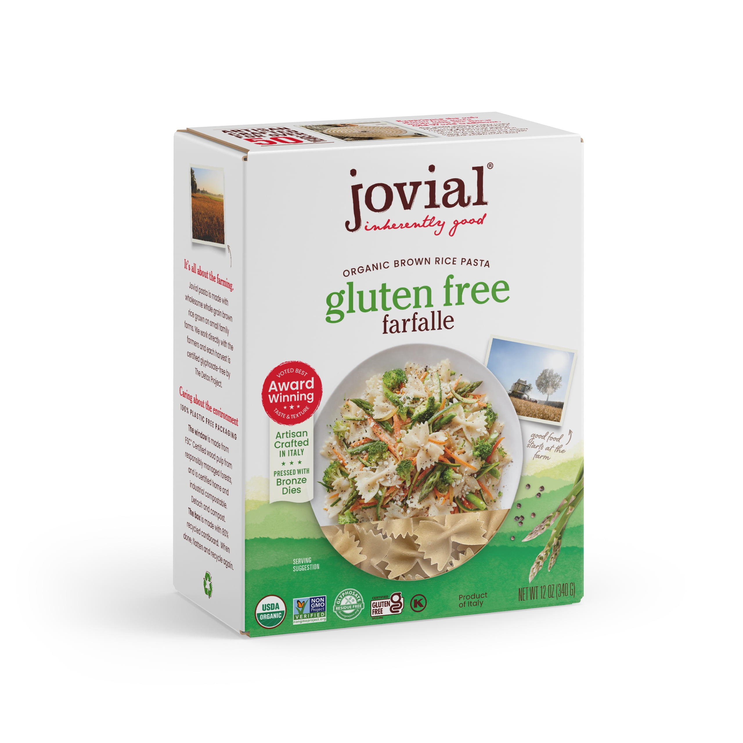 (3 pack) Jovial Gluten Free Organic Brown Rice Pasta Farfalle, 12oz