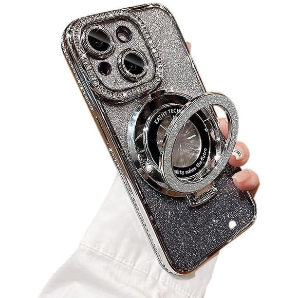 Funda para teléfono con purpurina brillante compatible con iPhone 14, protector de lente de cámara con soporte, funda suave con diamantes de imitación brillantes