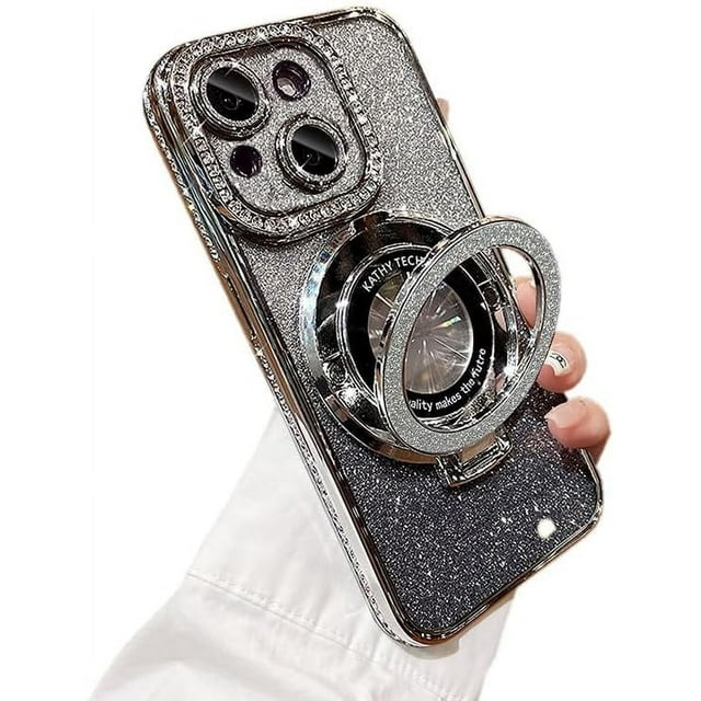 Funda para teléfono con purpurina brillante compatible con iPhone 15, protector de lente de cámara con soporte, cubierta suave con diamantes de imitación brillantes