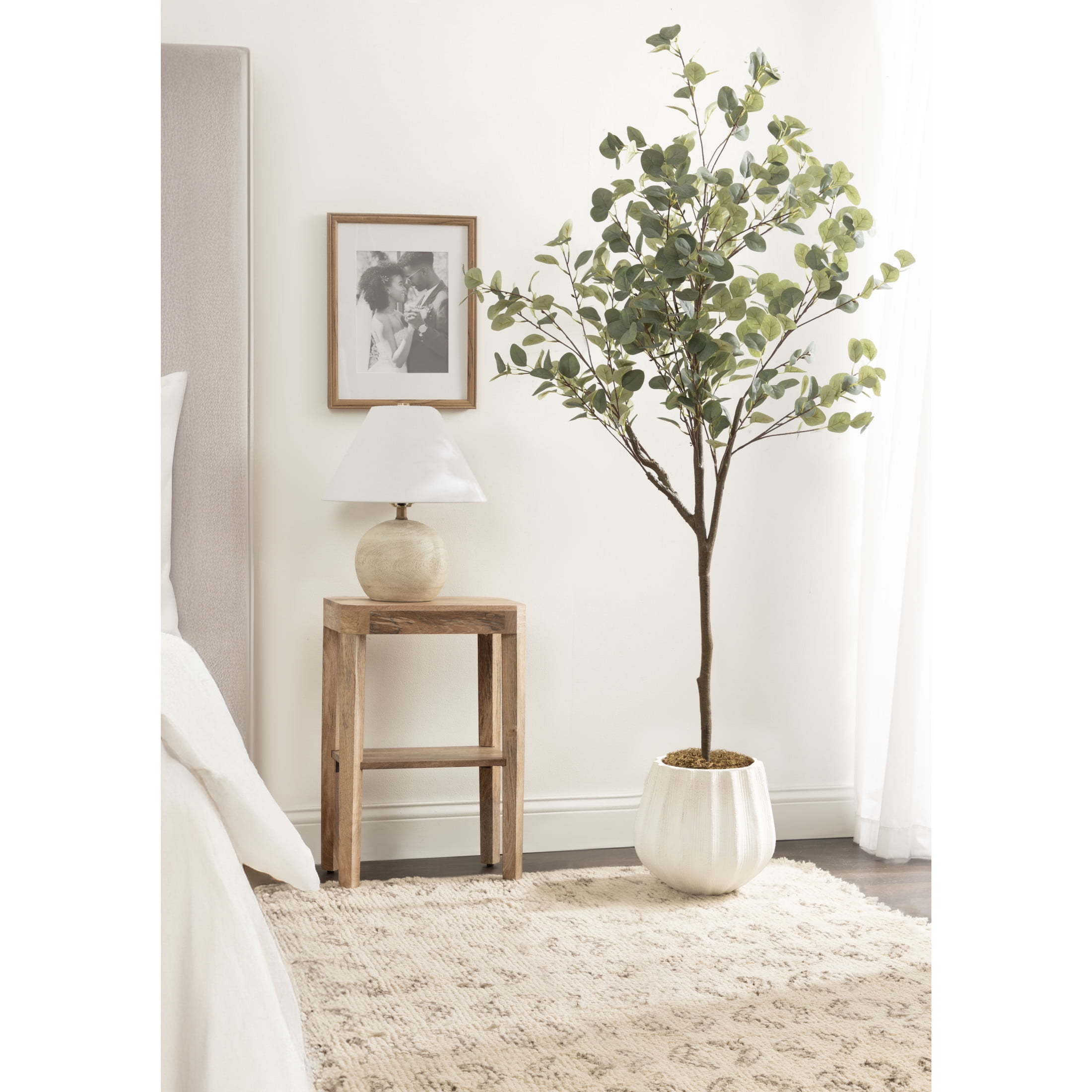 Kate and Laurel Eudora Faux Eucalyptus Tree with Claudel Scalloped Planter Pot, 6 FT, White, Potted Artificial Tree Indoor with Realistic Foliage and Added Moss, Fake Plant for Living Room Decor