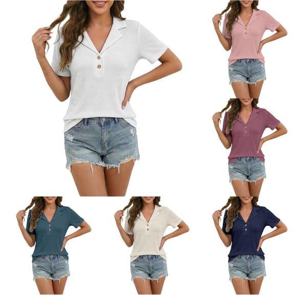 HCYSFG Womens Button Polo Shirts Notch Neck Short Sleeve Solid Color Relaxed Fit Casual Golf Shirt Everyday Wear Summer Tops