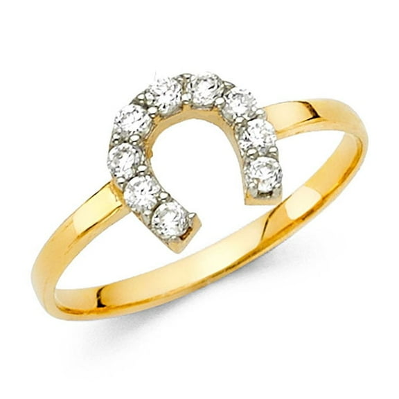 Horseshoe Ring CZ Solid 14k Yellow Gold Band Good Luck Charm Stylish Polished Finish Fancy, Size 7