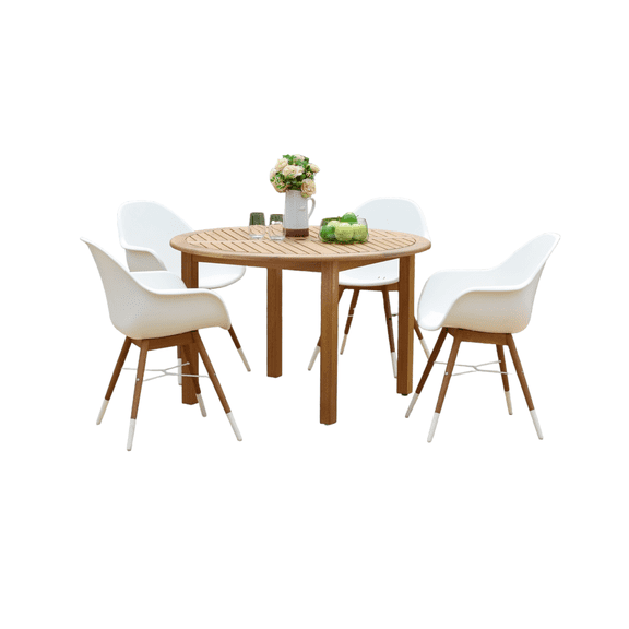 Outdoor Living and Style 5 Piece White and Teak Brown Elegant Outdoor Patio Dining Set 3.75'