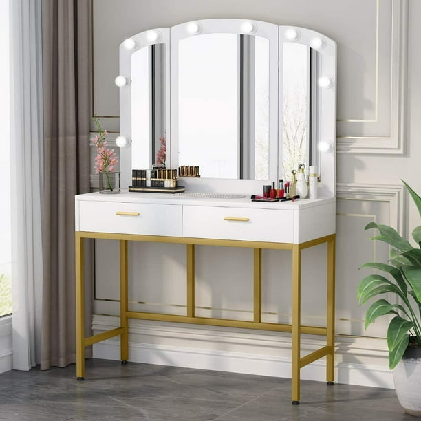 Tribesigns Vanity Table Set With Tri Folding Lighted Mirror Elegant Makeup Dressing Dresser Desk 2 Large Drawers 10 Led Lights For Girl S Bedroom White Gold Com Tribesigns Vanity Table Set With Tri, Tribesigns Vanity Set With Tri Folding Lighted Mirror