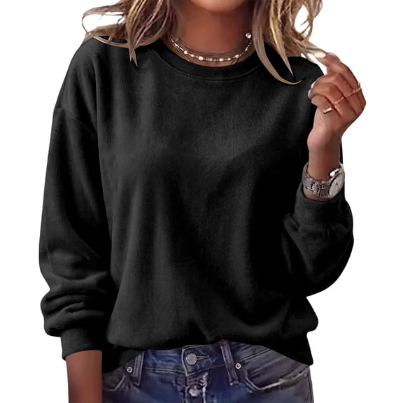 Womens Crewneck Sweatshirt Casual Long Sleeve Fleece Pullover Tops Crew Neck, Ribbed Design, Drop Shoulder, Workout, Loose Fit, Fall Winter, Daily Wear Black 2XL