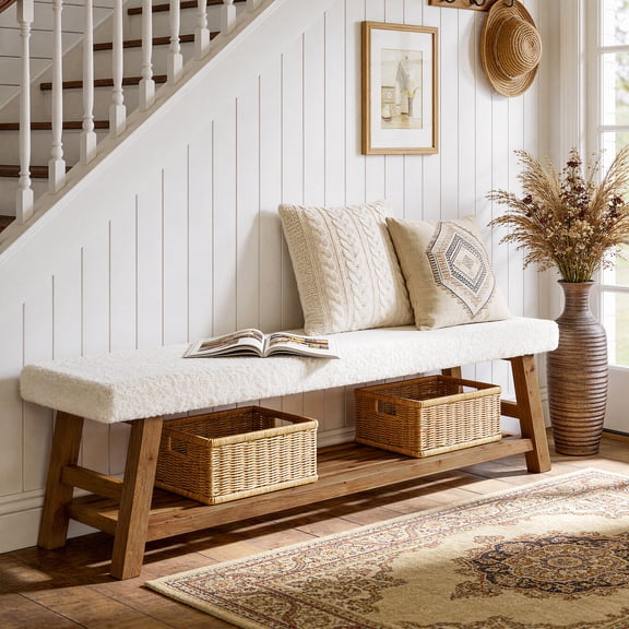Finmind 55-inch Upholstered Entryway Bench, 2-Tier Modern Shoe Bench with Cushion and Solid Wood Frame, for Bedroom, Entryway, White & Brown