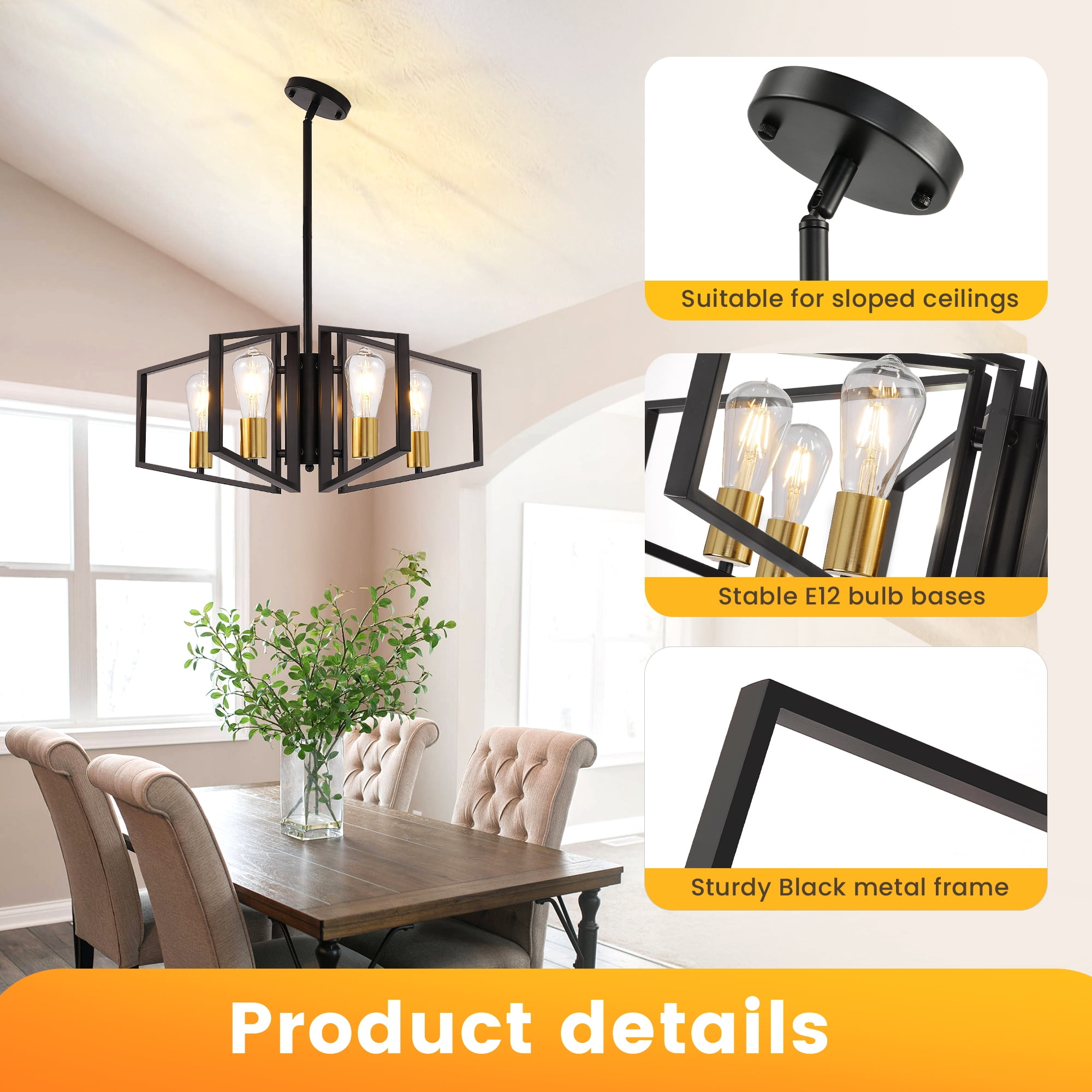 4-Light Dinging Room Lighting Farmhouse Chandelier for Dining Room Kitchen Island Bedroom,Black Gold