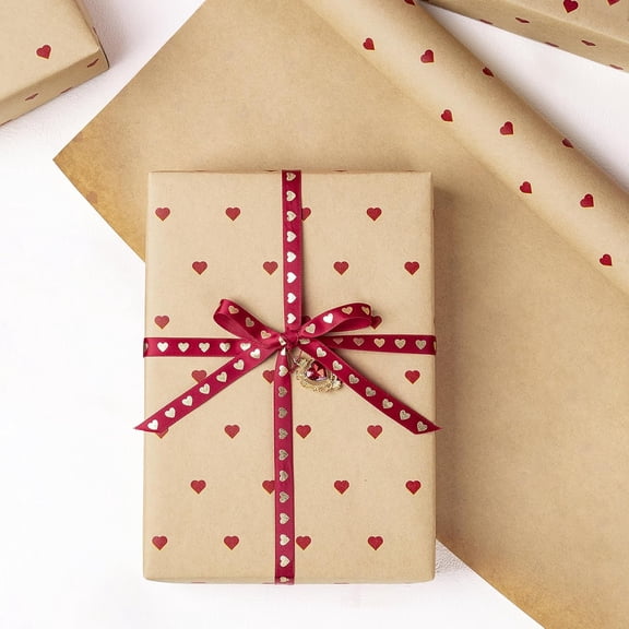 Kraft Valentine's Day Wrapping Paper Roll, Mini Roll, Small Red Heart Design, Romantic Gift Wrap for Valentine's Day, Wedding, Anniversary, Birthday, Love Gifts, 17 Inches x 16.4 Feet