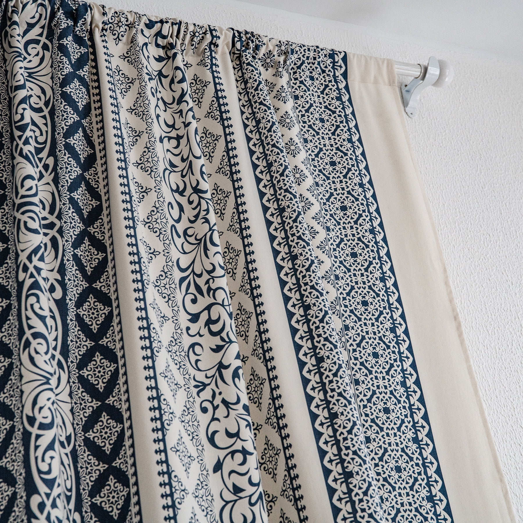 VOGOL Country Strip Printed Curtains, Rod Pocket Solid Window Treatments Drapes for Bedroom Office Decor, 1 Panel, Navy Blue and Beige, 59 x 79 Inches