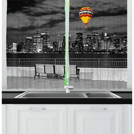 Black and White Curtains 2 Panels Set, NYC Skyline from Liberty State Park with Vibrant Air Balloon in Sky Print, Window Drapes for Living Room Bedroom, 55W X 39L Inches, Multicolor, by