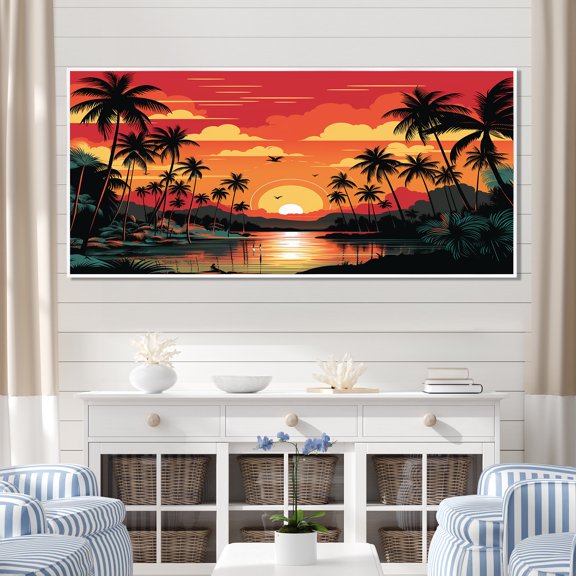 Designart "Bold Landscape Orange Sunset I" Extra Large Coastal Framed Wall Art - Coastal Orange Coastal Sunset Bedroom Framed Canvas Wall Art