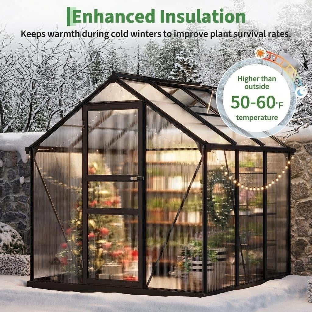 6x6ft Heavy Duty Walk-in Greenhouse, Aluminum Frame & Twin Wall Polycarbonate Panels, Ventilated with Rain Gutter System for Backyard & Patio Gardening