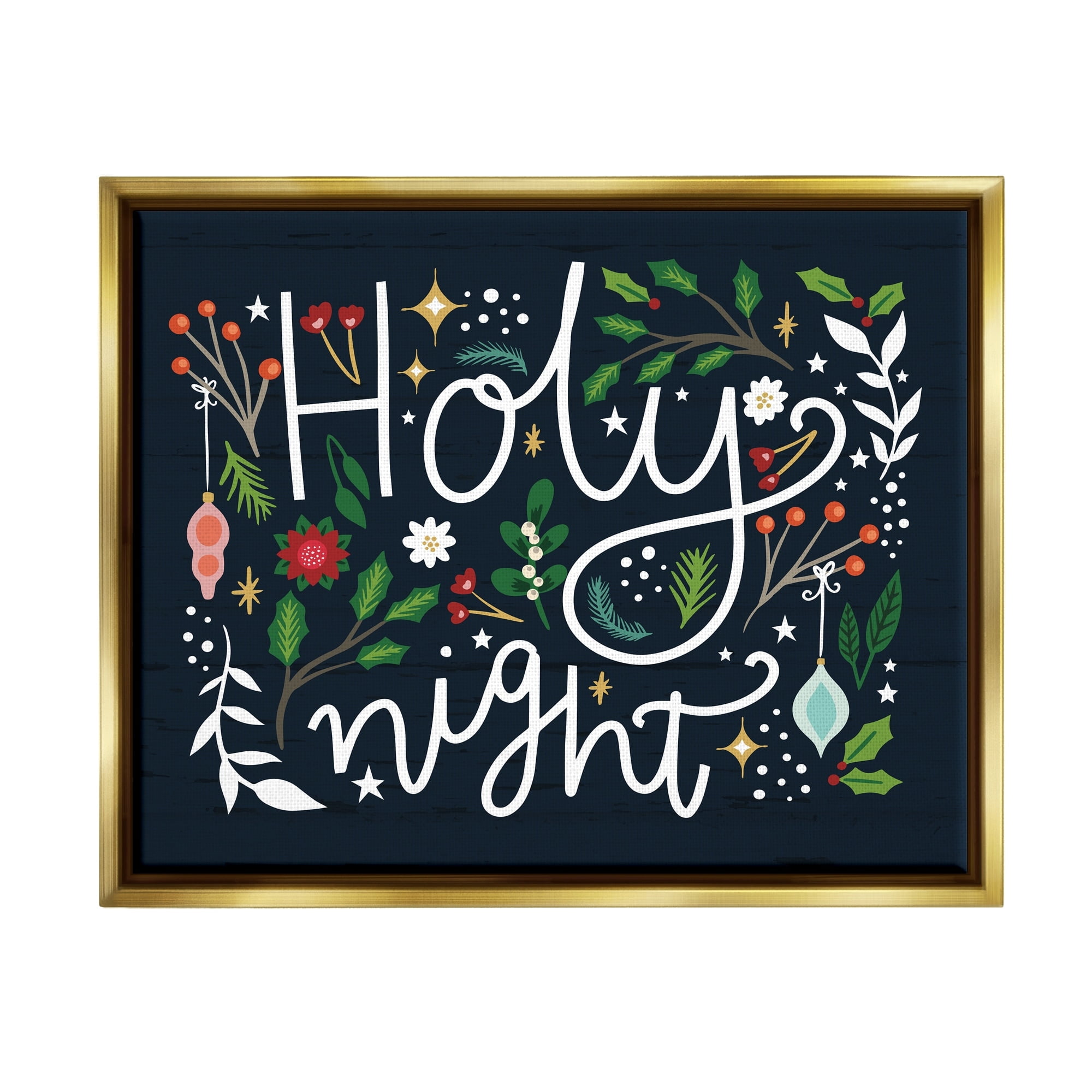 Stupell Industries Holy Night Modern Calligraphy Holiday Winter Botanicals Graphic Art Metallic Gold Floating Framed Canvas Print Wall Art, Design by Louise Allen