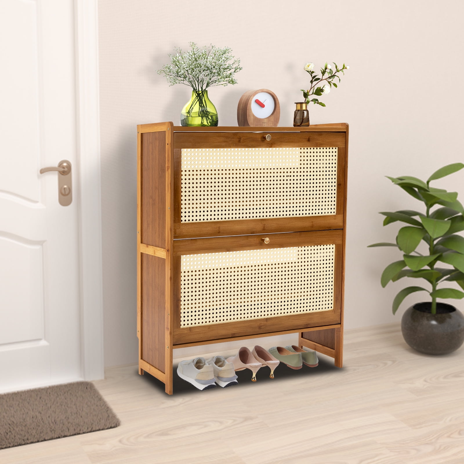 Wildnix 4-Tier Free Standing Rattan Shoe Rack with Flip Doors, Raised Baffle, Spacious Storage, Stylish Wood Grain Design for Entryway or Bedroom