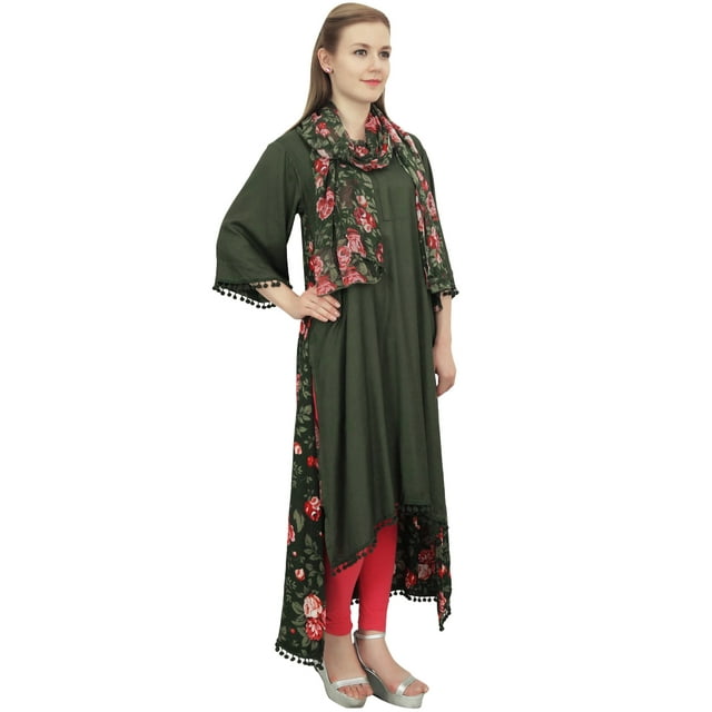 Bimba Rayon Olive Green High Low Designer Kurta Casual Wear Kurti With Scarf - 4