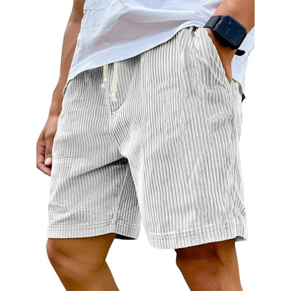 Men's casual beach shorts corduroy shorts with pockets drawstring fashion overalls summer shorts