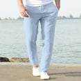 thumbnail image 2 of RYDCOT Men's Linen Casual Pants Loose Straight Elastic Waist Drawstring Trousers Lightweight Beach Vacation Pants with Pocket Light Blue, 2 of 5