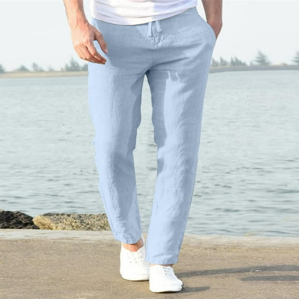 Pantalones largos para hombre, informales, de lino, con cordón, bolsillos, cinturón elástico, rectos, lisos.