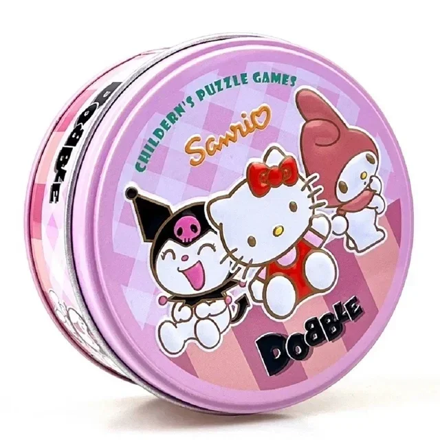 juego de cartas dobles spot it hp dobble, juego de cartas para fiestas con lata redonda color rosa y personajes de dibujos animados estilo gatito y figuras con gorros, set de cartas educativas y de animales para niños en caja metálica portátil; también suele usarse para dinámicas de grupo en fiestas.