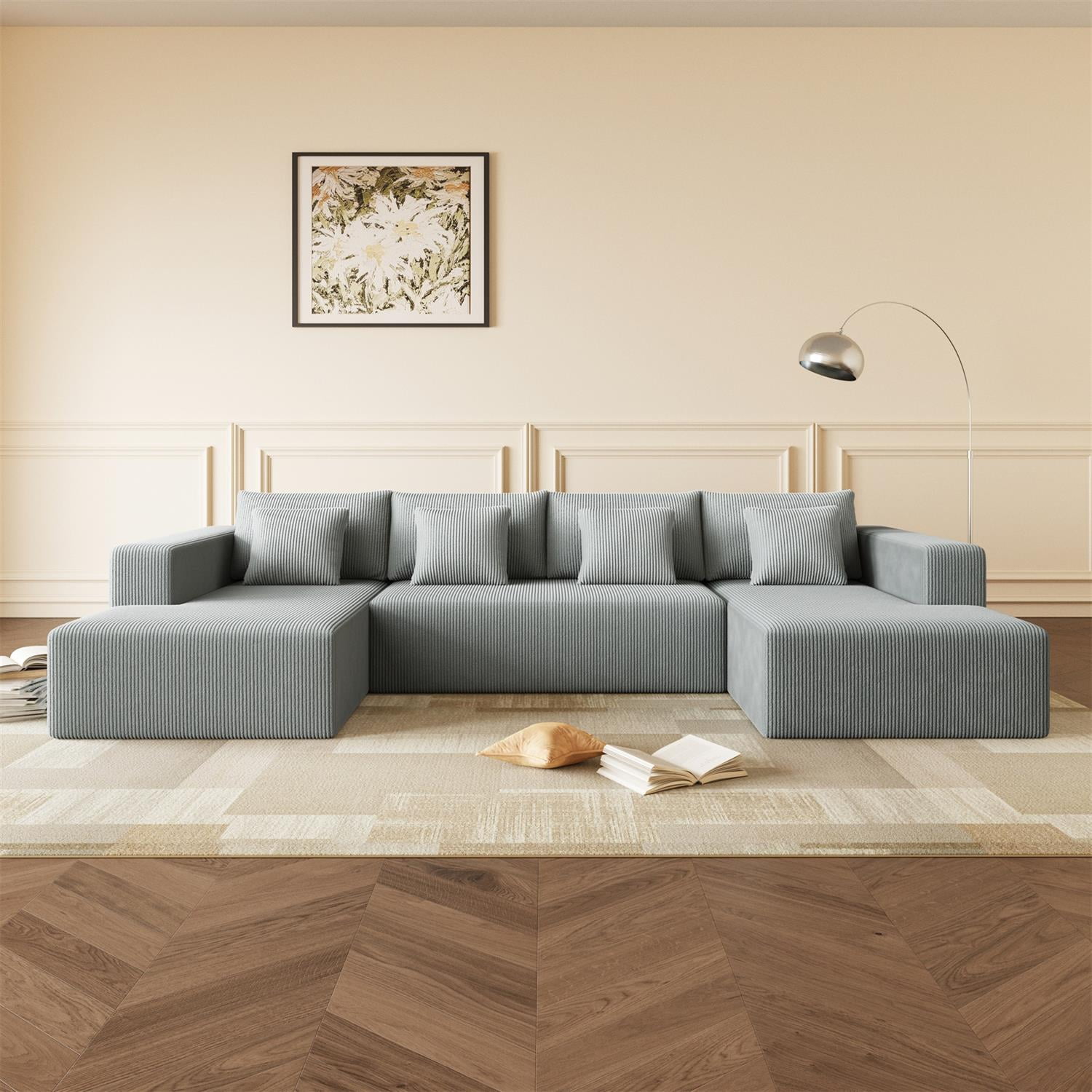 Demi Bonn 137" Reversible Corduroy U-Shaped Sectional Sofa for Living Rooms, Modern Couch with Plush Cushions for Family Gatherings & Relaxation, Gray