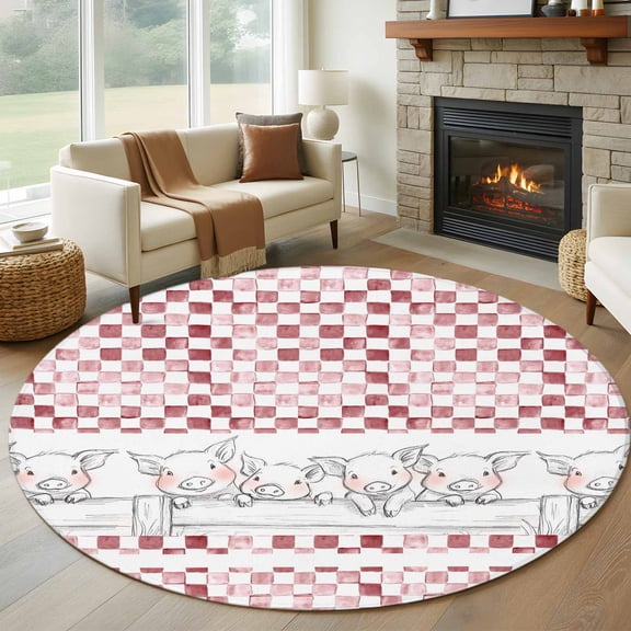 Red Plaid Farmhouse Round Area Rug 6Ft Washable Circle Rugs for Bathroom Office, Watercolor Cute Country Pigs Checkered Non-Slip Carpet Floor Mats Indoor Outdoor Carpet Runner Aesthetic Home Decor