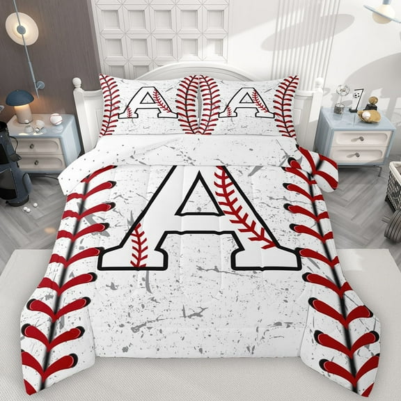 Manfei Letter A Monogrammed Bedding Comforter Set,Baseball Game Lover Twin Comforter Sets,White Red Bedding Set For Boys,Microfiber Room Decorative Reversible,2pcs