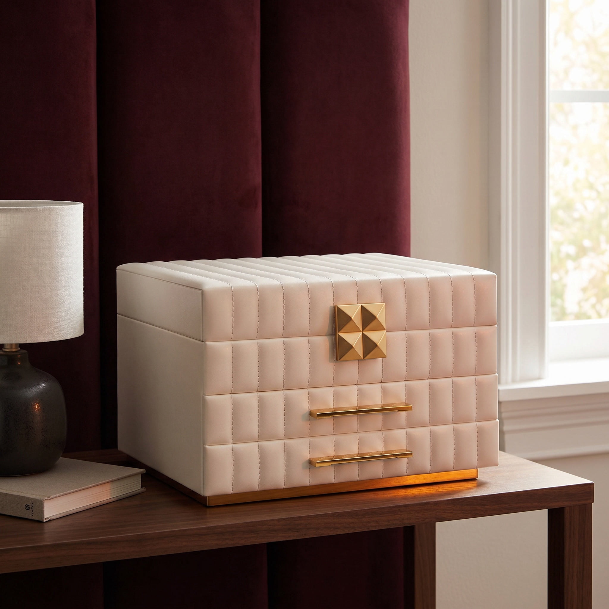 Nordic Hygge 3-Tier Jewelry Box with Mirror, Faux Leather Jewelry Organizer with 2 Drawers and Floating Effect Design, 8.5 x 9.4 x 6.2 Inches, Cloud White