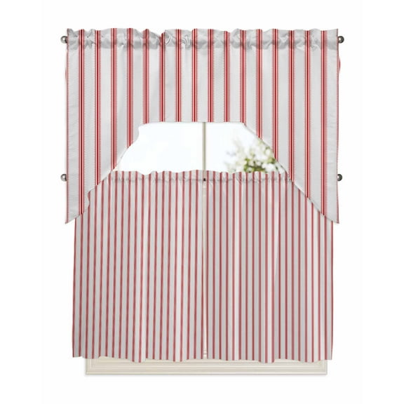 Red Striped Kitchen Curtains Swag Valance and Tier Curtains Set 36 Inch Length, Red White Stripes Farmhouse Rod Pocket Drape Panels Pair Swag Curtains for Bathroom/Cafe/Window
