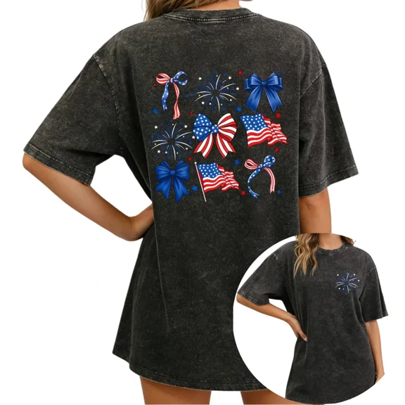 UNISHE Women's 4th of July Patriotic Fireworks Bow Vintage Washed T-Shirt Short Sleeve Distressed American Flag Graphic Tee