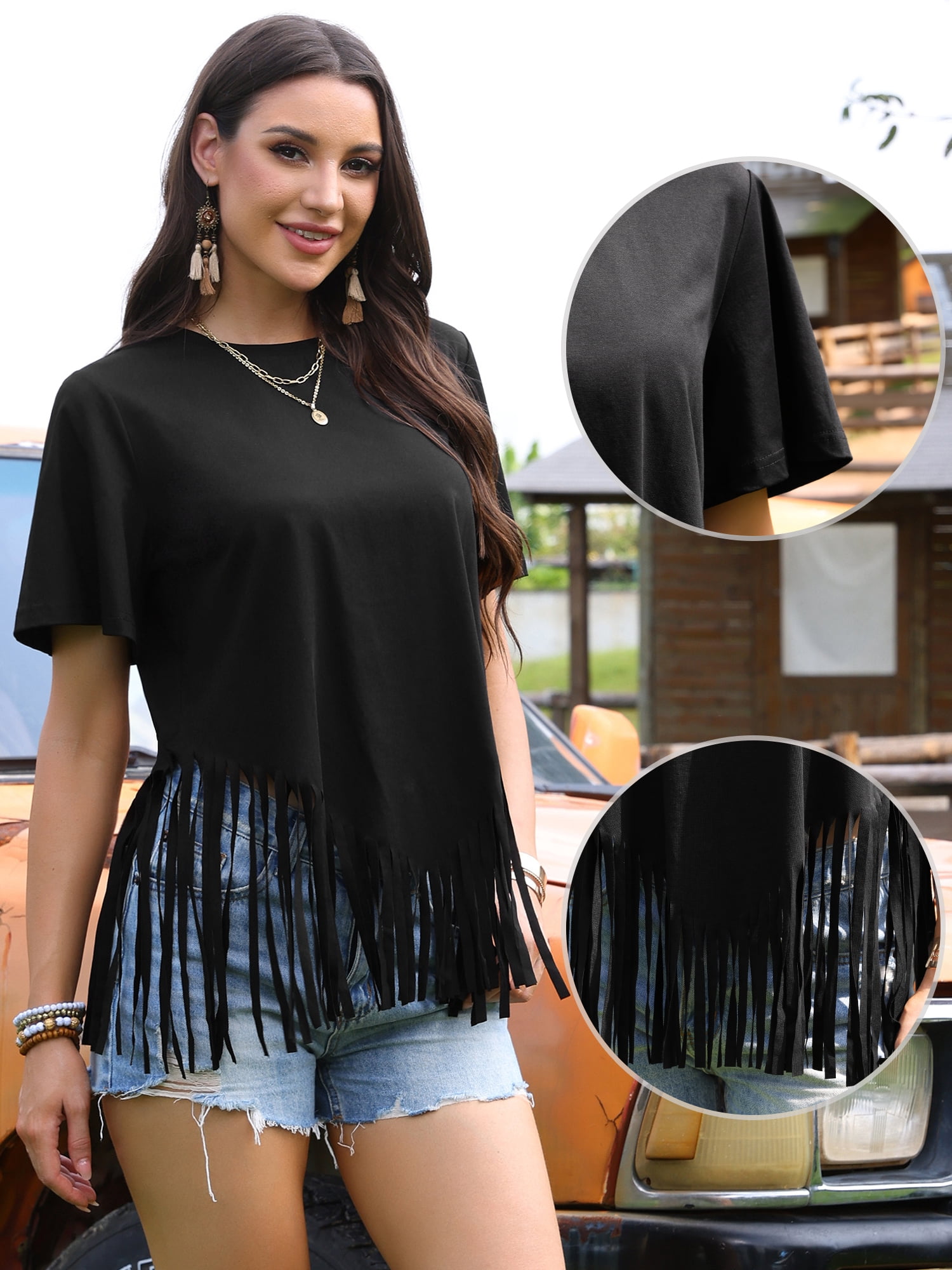 DARING DIVA Women's Fringe Tops Short Sleeve Crew Neck Solid Tassel T Shirts M Black