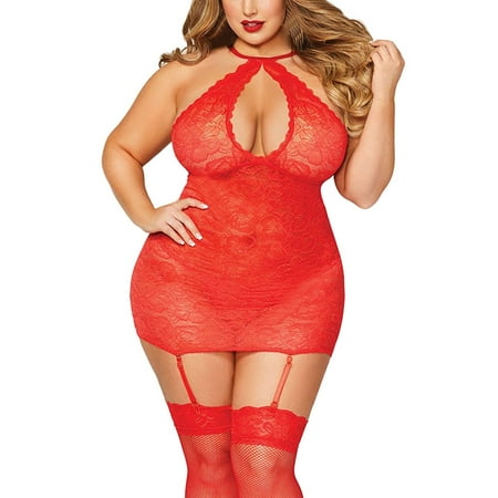 

Women Sexy Halter Plus Size Lace Lingerie Keyhole Babydoll Chemise with Garters