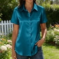 thumbnail image 3 of AKOEE Satin Button Down Shirts Womens Plus Size Short Sleeve Dressy Casual Collared Blouses Tops with Pocket (2XL, Blue), 3 of 7