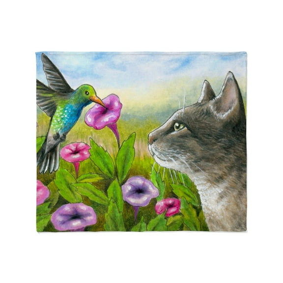 CafePress - Cat 591 With Hummingbird Throw Blanket - Soft Fleece Throw Blanket, 50"x60" for All Ages