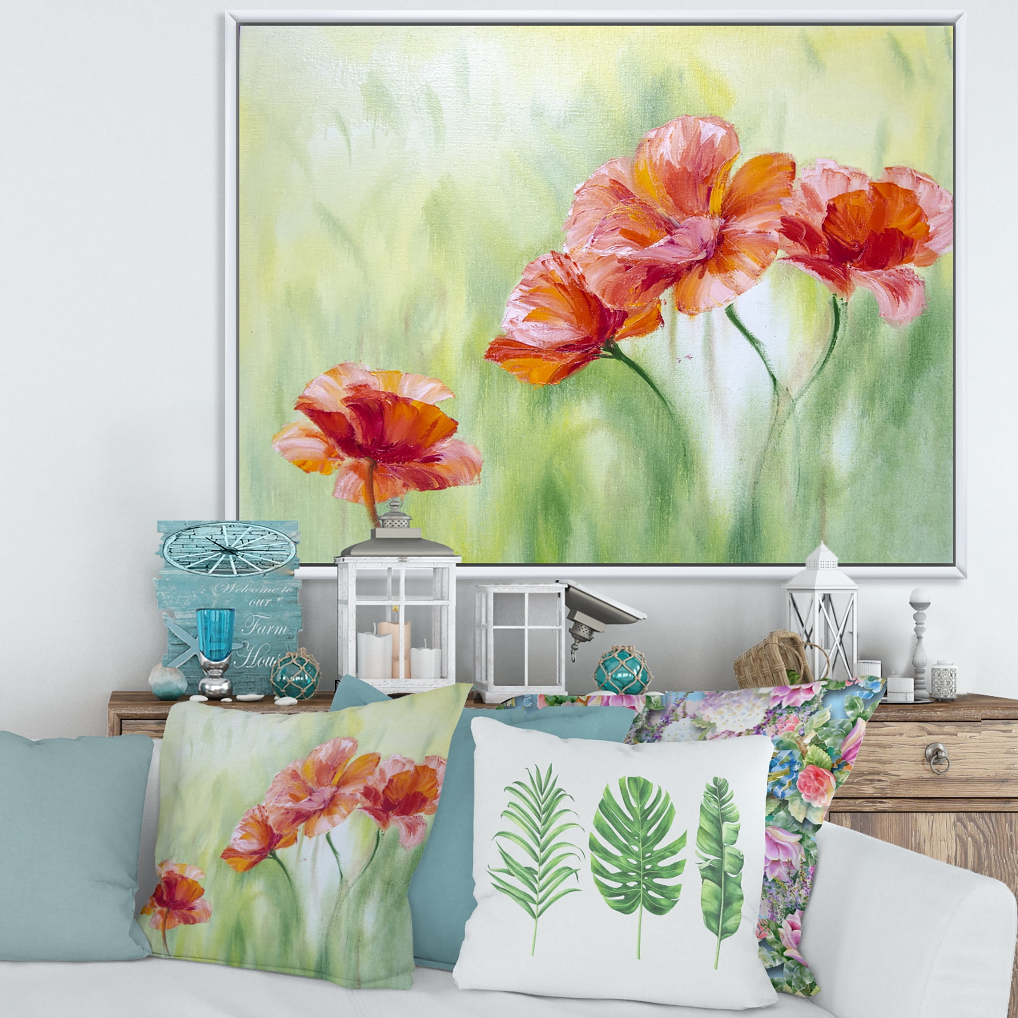 Red Blossoming Poppies Over Wild Green I 32 in x 16 in Framed Painting Canvas Art Print, by Designart