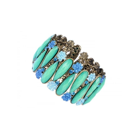 - Turquoise Jeweled Crystal Rhinestone Enamel Floral Costume Cuff Bangle Bracelet