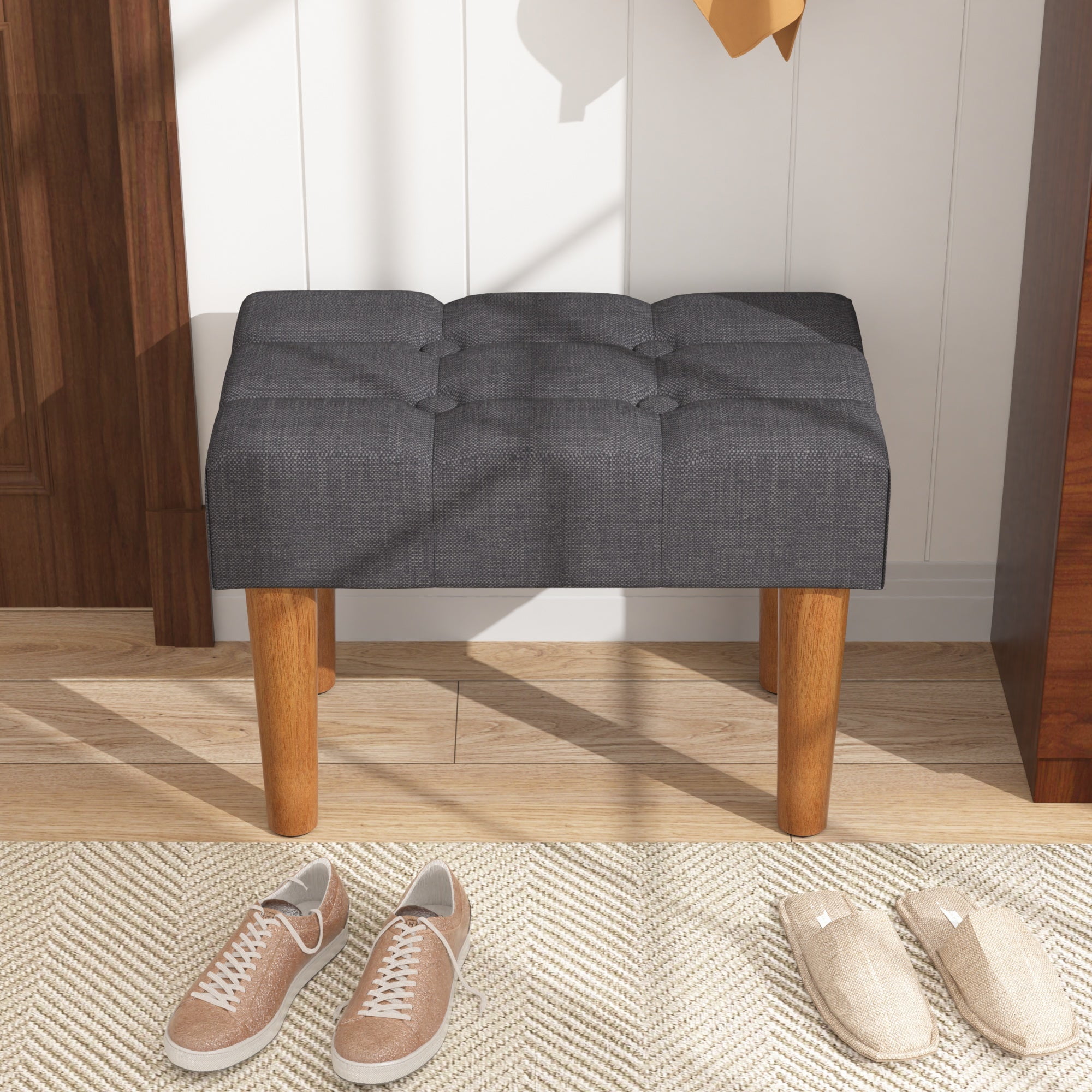 VECELO Small Tufted Foot Stool, Upholstered Footrest Ottoman with Legs, Fabric Rectangle Sofa Foot Rest for Living Room, Couch, Black