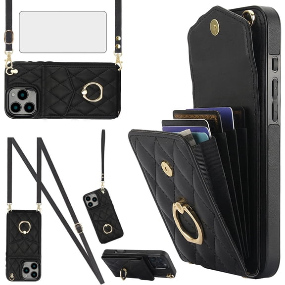 REQO Compatible with iPhone 16 Pro 6.3 inch Wallet Case Tempered Glass Screen Protector and Wrist Strap Ring RFID Blocking Card Holder Cell Phone Cover for i Phone16 i16 16Pro Women Men Girls