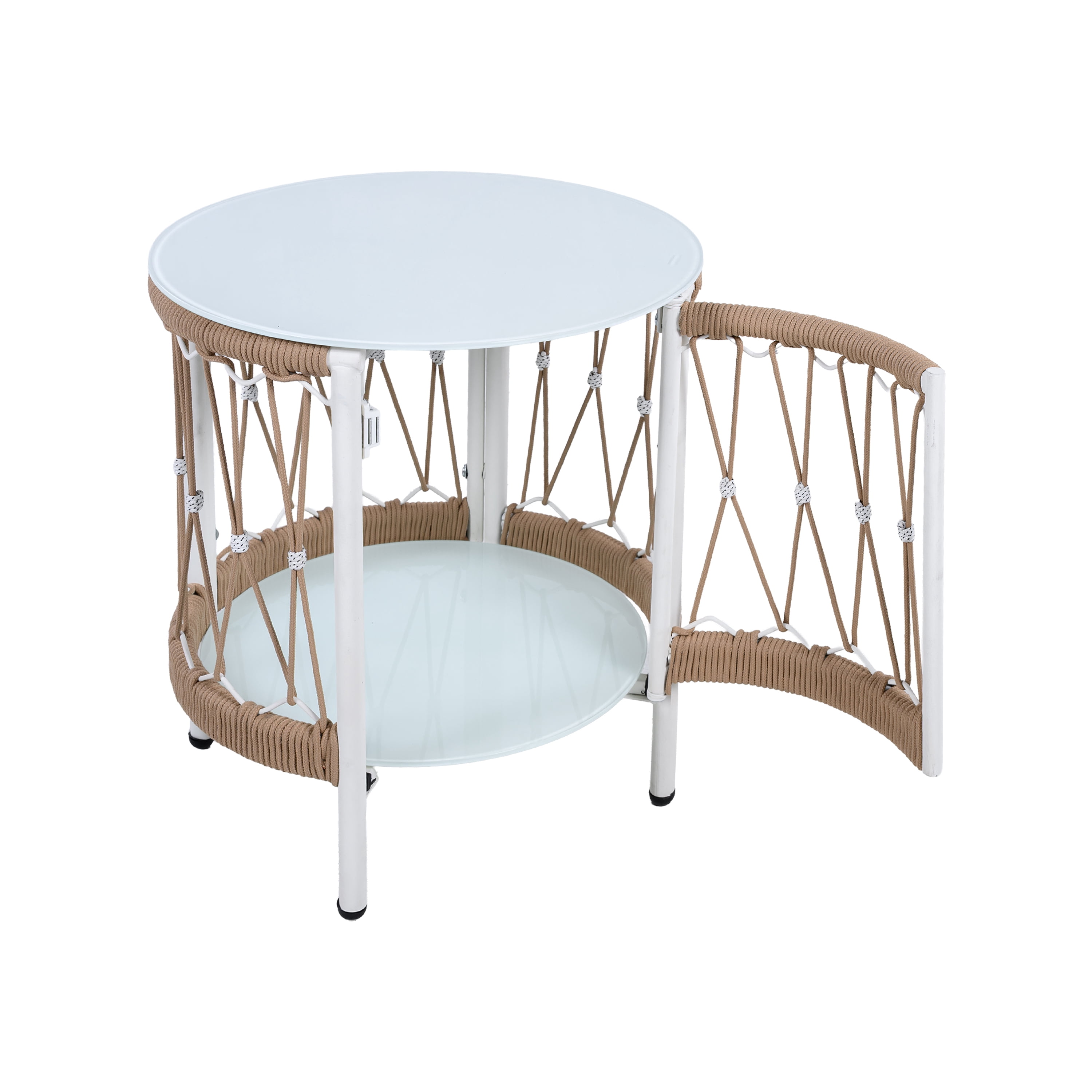 Bohemian Accent Side Table, 17.32 Inch Outdoor Table with Handwoven Rope and Steel Frame, Brown