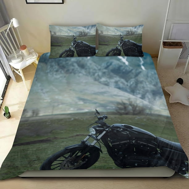 Harley Davidson Conjunto de sábanas temático, trío de piezas, cómodo y amigable con la piel, diseño único, regalo de decoración para el hogar para familiares, amigos y fans, 90 cm * 190 cm