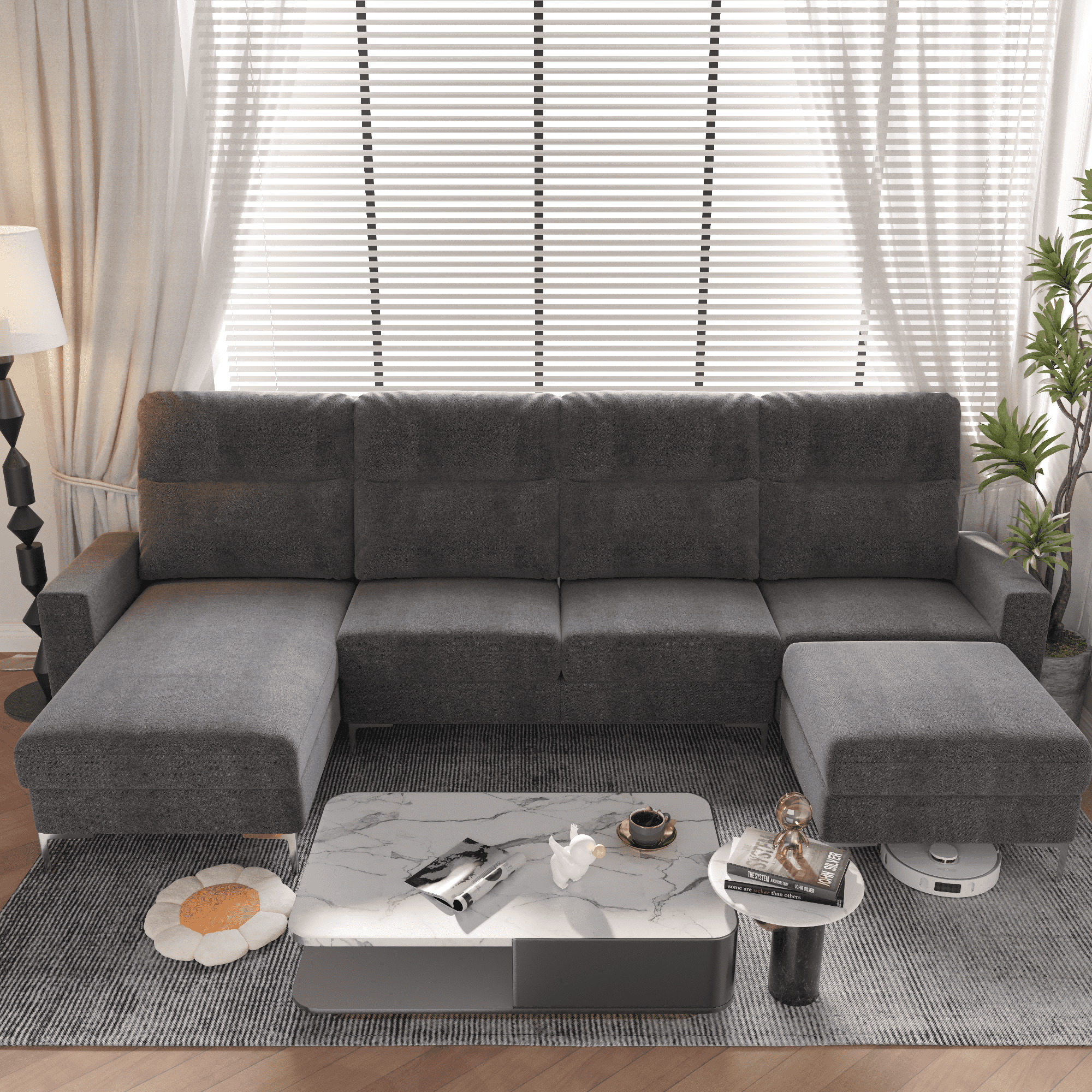 Homall U-Shaped Sofa with Upholstered Stool Convertible Combination Sofa Linen Upholstered Sofa with Metal Upholstered Legs Living Room Furniture,Grey
