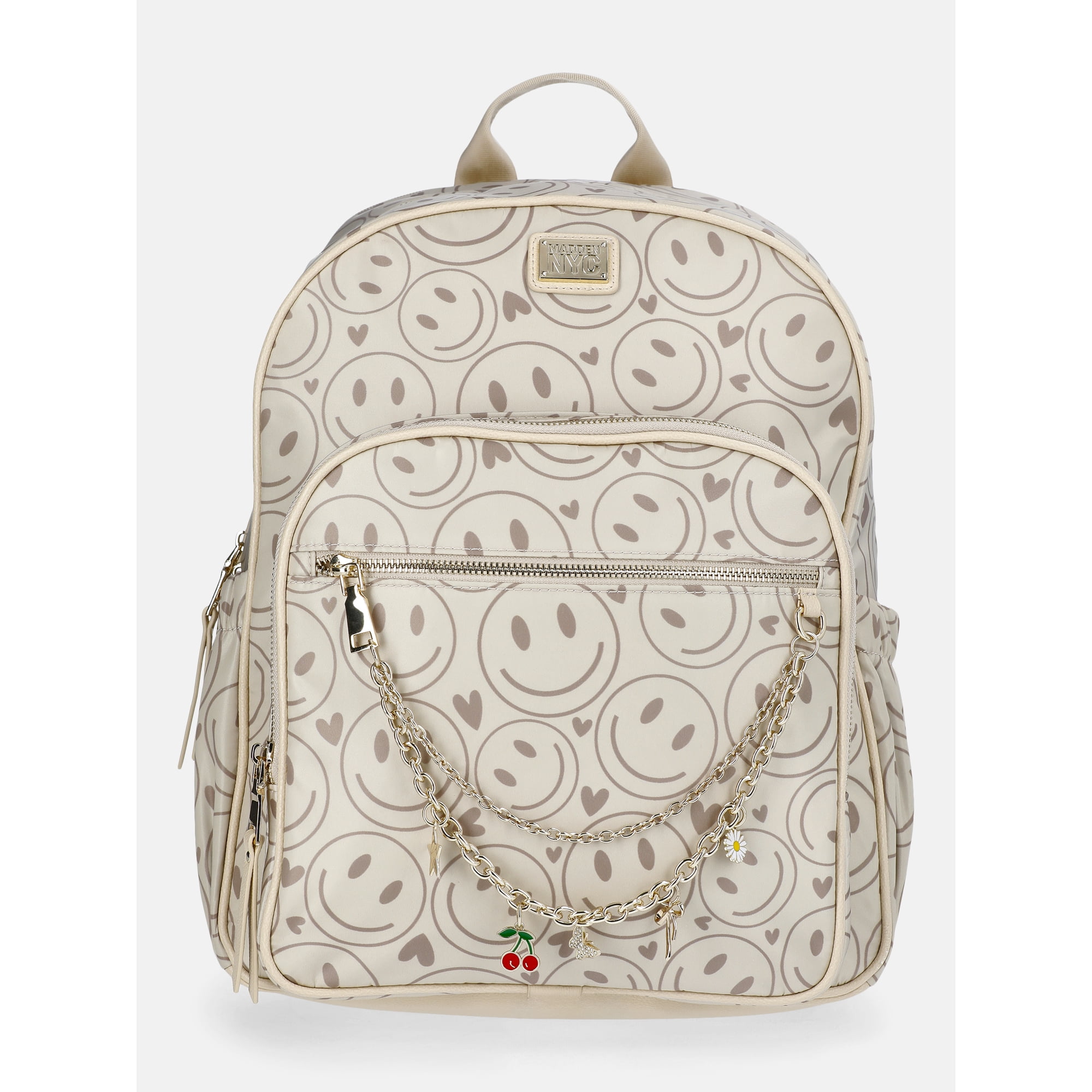 Madden NYC Women's Dome Backpack with Charm Chain Accent, Khaki Smiley