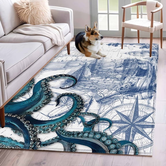 2.7'x5' Area Rugs, Nautical Blue Octopus Indoor Outdoor Area Rug for Living Room Bedroom, Coastal Ocean Summer Boat Washable Bathroom Rugs Kitchen Floor Carpet Mats Home Decor Aesthetic