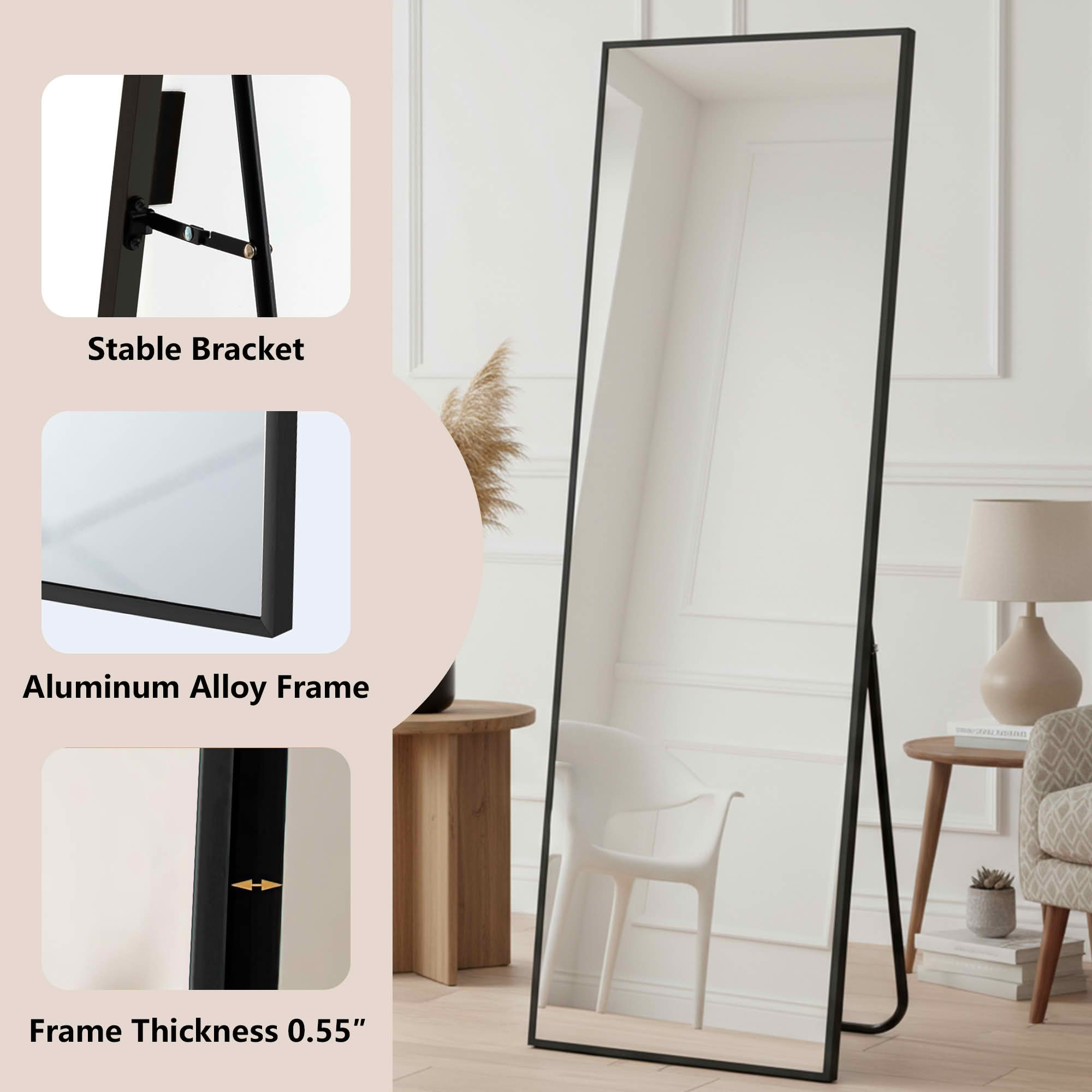 MAYEERTY 58"x18" Aluminum Right Angle Full-Length Mirror, Tempered Glass With Stand, Black