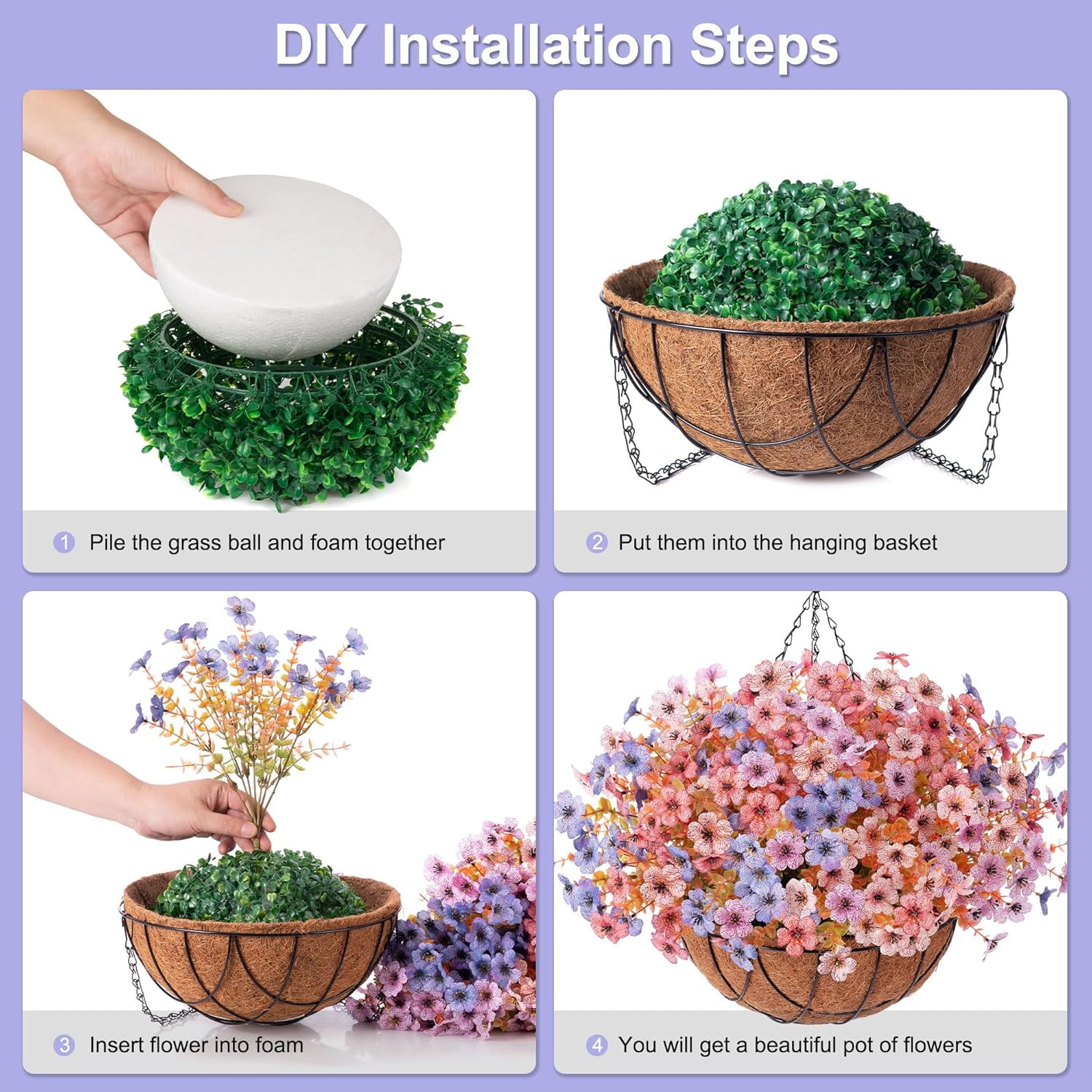 Artificial Silk Flowers Hanging Basket for Outdoor Indoor, Daisy with Eucalyptus Leaves Arrangement for Garden Yard Spring Decor, Faux Green Plant in Metal Coconut Lining Pot(Purple Pink)