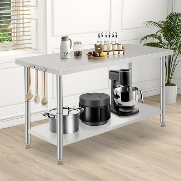 GloryStar Stainless Steel Prep & Work Table, Heavy Duty Commercial Utility Table with Adjustable Undershelf and Tool Hooks for Kitchen, Warehouse, Garage and Garden