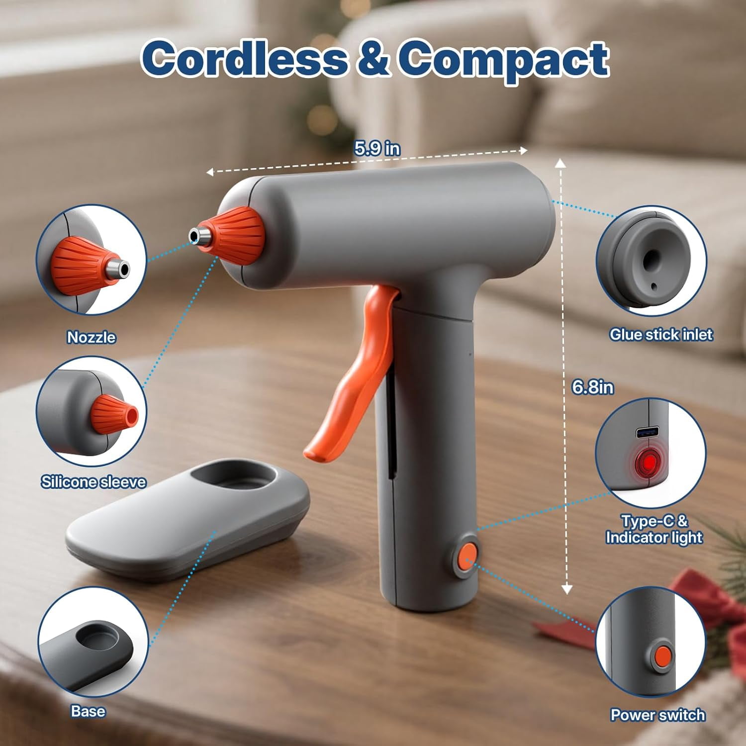 Cordless Hot Glue Gun Kit Fast Heating 3000mAh Rechargeable Mini Glue Gun with Anti-Drip Nozzle, 30pcs Clear & 10pcs Colorful Glue Sticks, for Arts Crafts DIY School Projects Home Repairs