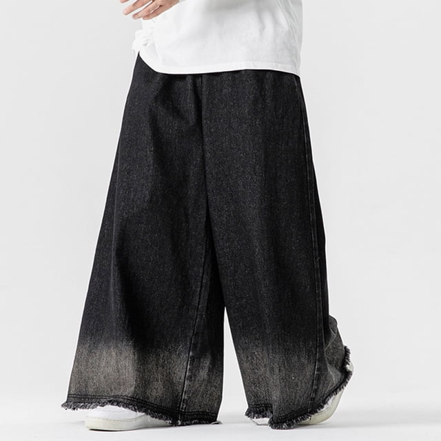 Pantalones de mezclilla de pierna ancha vintage para hombre, cintura elástica, rectos y con bolsillos.